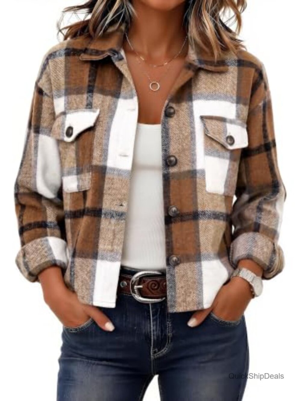 Womens Cropped Plaid Shacket 100% Polyester Button Down Shirt Fall Winter Jacket